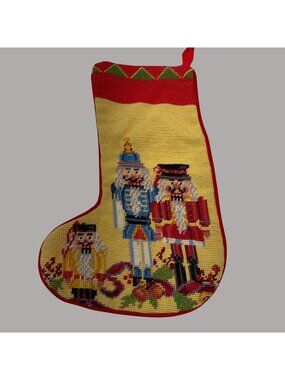 Nutcracker Christmas Stocking Handmade Needlepoint As Is Red Velvet Back 20 In